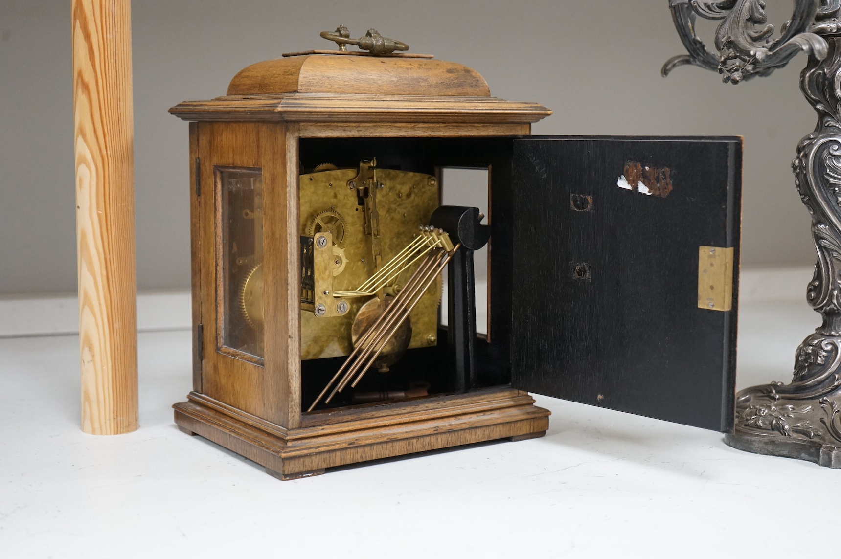 An Edwardian walnut mantel clock with musical chime, 29cm. Condition - good, not tested